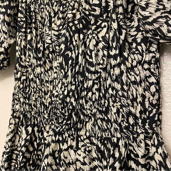 H&M puff sleeve off shoulder summer Dress black white print smocked S - Picture 4 of 8